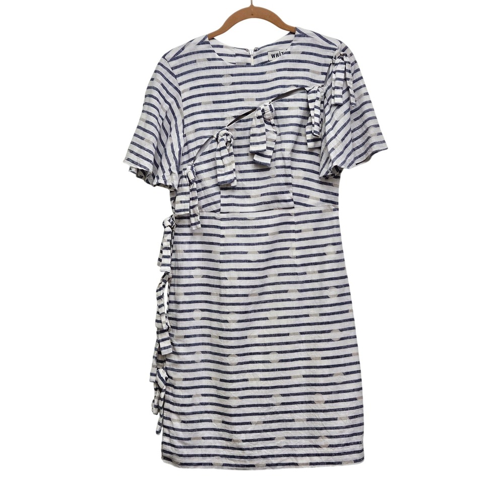 WHIT Linen Cotton Dress Womens 4 Blue White Striped Polka Dot Cutout Tie Shift